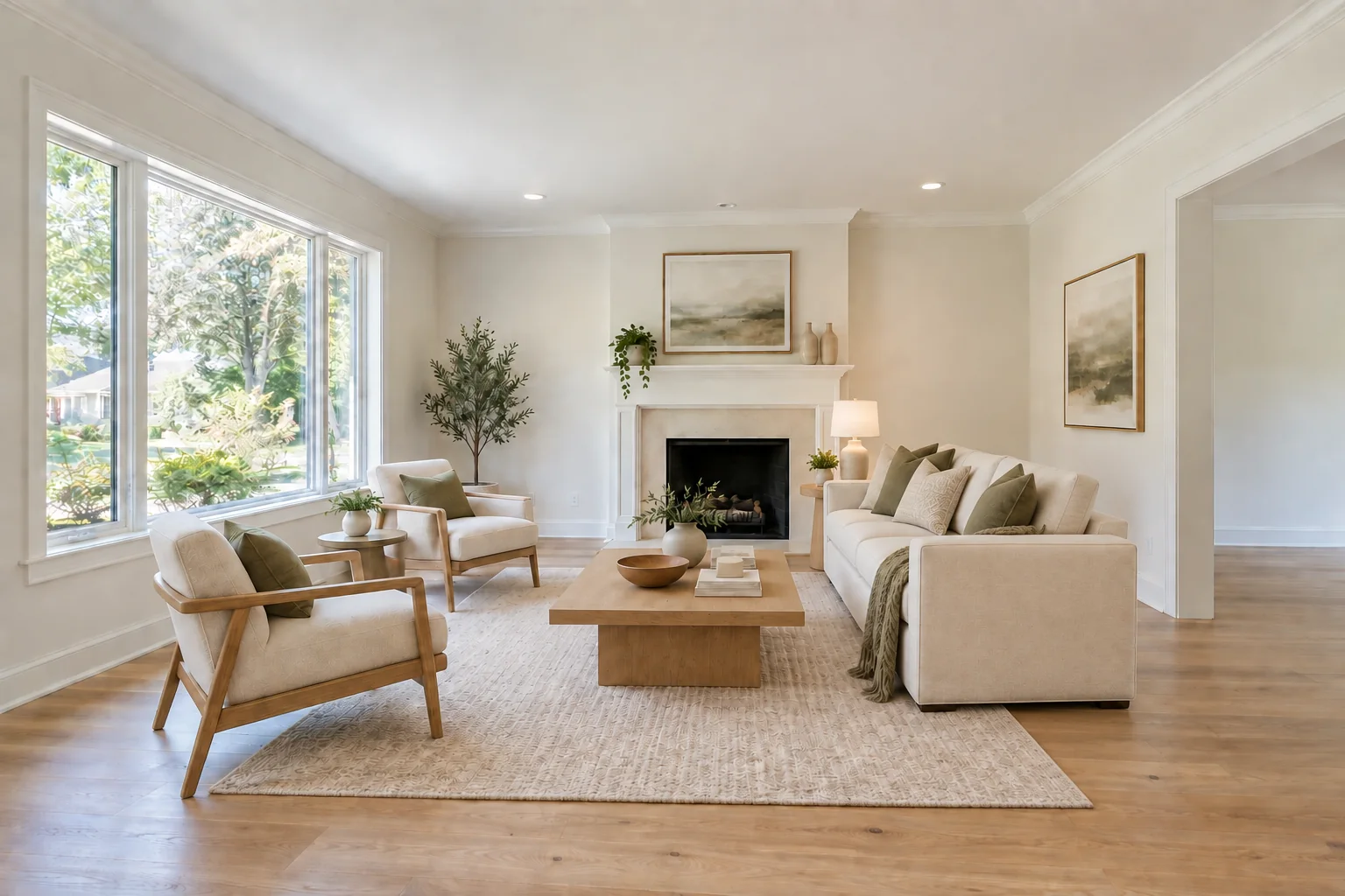 Living room staged with a linen sofa, two accent chairs, a wood coffee table, a rug and artwork